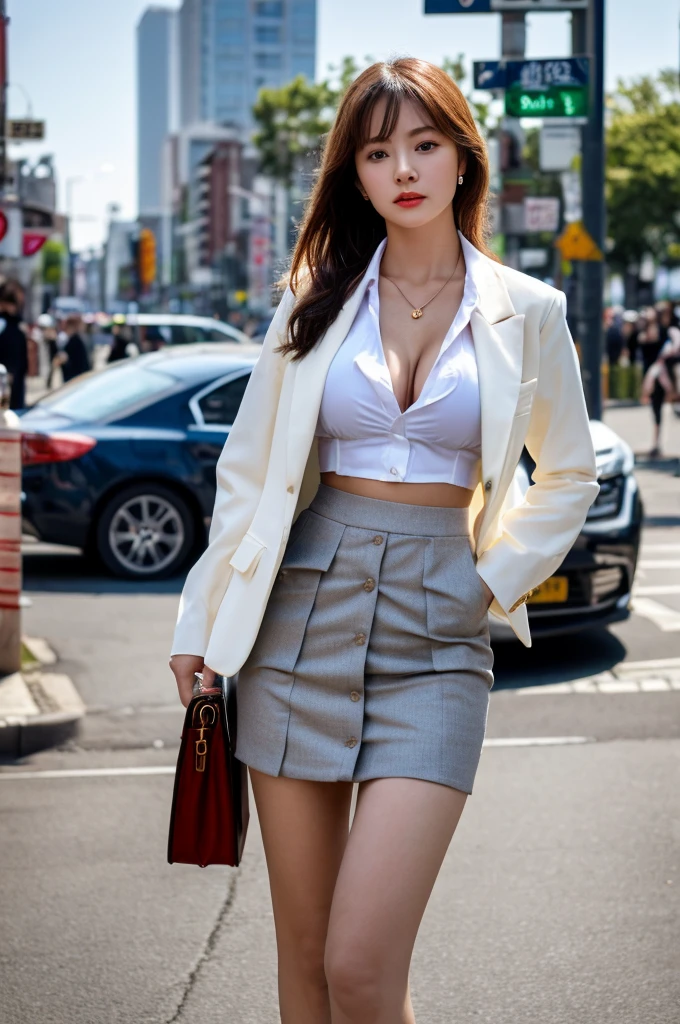 a 17 year old girl, she is the most beautiful actress in the world, the perfect body proportions of this girl, her large breasts are clothed with the formal shirt under the blazer which is appropriately buttoned on her waist area of short skirt, the panties between her bare legs are hardly hidden by the short skirt, the front of her body, the one description, the lower than her shins are out of space, she is standing straight at the street, nsfw, best quality, highly detailed, masterpiece, ultra high res, photo realistic, 8k, RAW photo