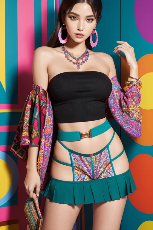 best quality, masterpiece, Fashion with a piece of fabric that exposes almost the entire upper body, H-shaped skirt that reveals more than 10cm above the knees, High heels that are very flashy and have a heel of more than 7 cm., large, colorful necklace, large and colorful earrings, large and colorful bracelets, Stockings with colorful and unconventional colors and patterns, Underwear with flashy and unconventional colors, patterns and shapes