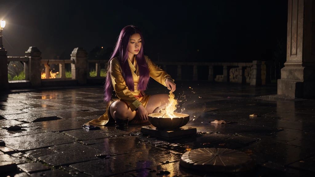 In heavy rain,((A huge castle complex of ancient square-topped stones burning in the fire))The picture quality is excellent,Lightning,Yellow light fog,light,naturals, realistic colors,Full composition,The style refers to Van Gogh,Subject content,Burning wooden ancient domed stone giant castle game scene 1:60 miniatures,Lightning and lightning,Agate glass texture 32k(tmasterpiece,k hd,hyper HD,32k)Long flowing bright purple hair,Autumn Pond,zydink, a color, Asian people (Daughter), (Red scarf), Combat posture, looking at the ground, long whitr hair, Floating bright purple, Fire cloud pattern gold tiara, Chinese long-sleeved gold silk garment, (abstract ink splash:1.2), white backgrounid,Lotus protector(realisticlying:1.4),Bright purple hair,Smoke on the road,The background is pure, A high resolution, the detail, RAW photogr, Sharp Re, Nikon D850 Film Stock Photo by Jefferies Lee 4 Kodak Portra 400 Camera F1.6 shots, Rich colors, ultra-realistic vivid textures, Dramatic lighting, Unreal Engine Art Station Trend, cinestir 800,Long flowing bright purple hair
