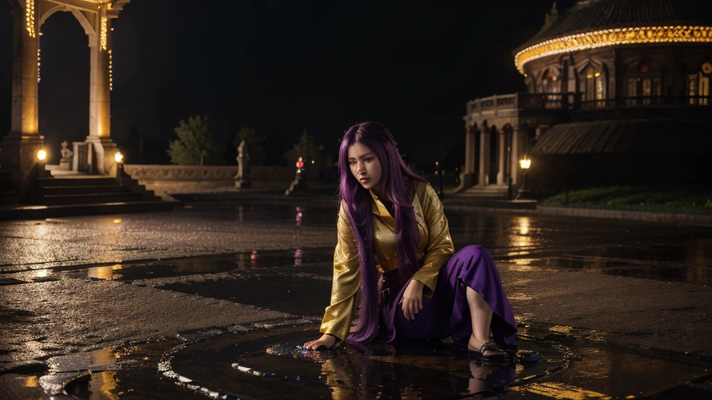 In heavy rain,((A huge castle complex of ancient square-topped stones burning in the fire))The picture quality is excellent,Lightning,Yellow light fog,light,naturals, realistic colors,Full composition,The style refers to Van Gogh,Subject content,Burning wooden ancient domed stone giant castle game scene 1:60 miniatures,Lightning and lightning,Agate glass texture 32k(tmasterpiece,k hd,hyper HD,32k)Long flowing bright purple hair,Autumn Pond,zydink, a color, Asian people (Daughter), (Red scarf), Combat posture, looking at the ground, long whitr hair, Floating bright purple, Fire cloud pattern gold tiara, Chinese long-sleeved gold silk garment, (abstract ink splash:1.2), white backgrounid,Lotus protector(realisticlying:1.4),Bright purple hair,Smoke on the road,The background is pure, A high resolution, the detail, RAW photogr, Sharp Re, Nikon D850 Film Stock Photo by Jefferies Lee 4 Kodak Portra 400 Camera F1.6 shots, Rich colors, ultra-realistic vivid textures, Dramatic lighting, Unreal Engine Art Station Trend, cinestir 800,Long flowing bright purple hair