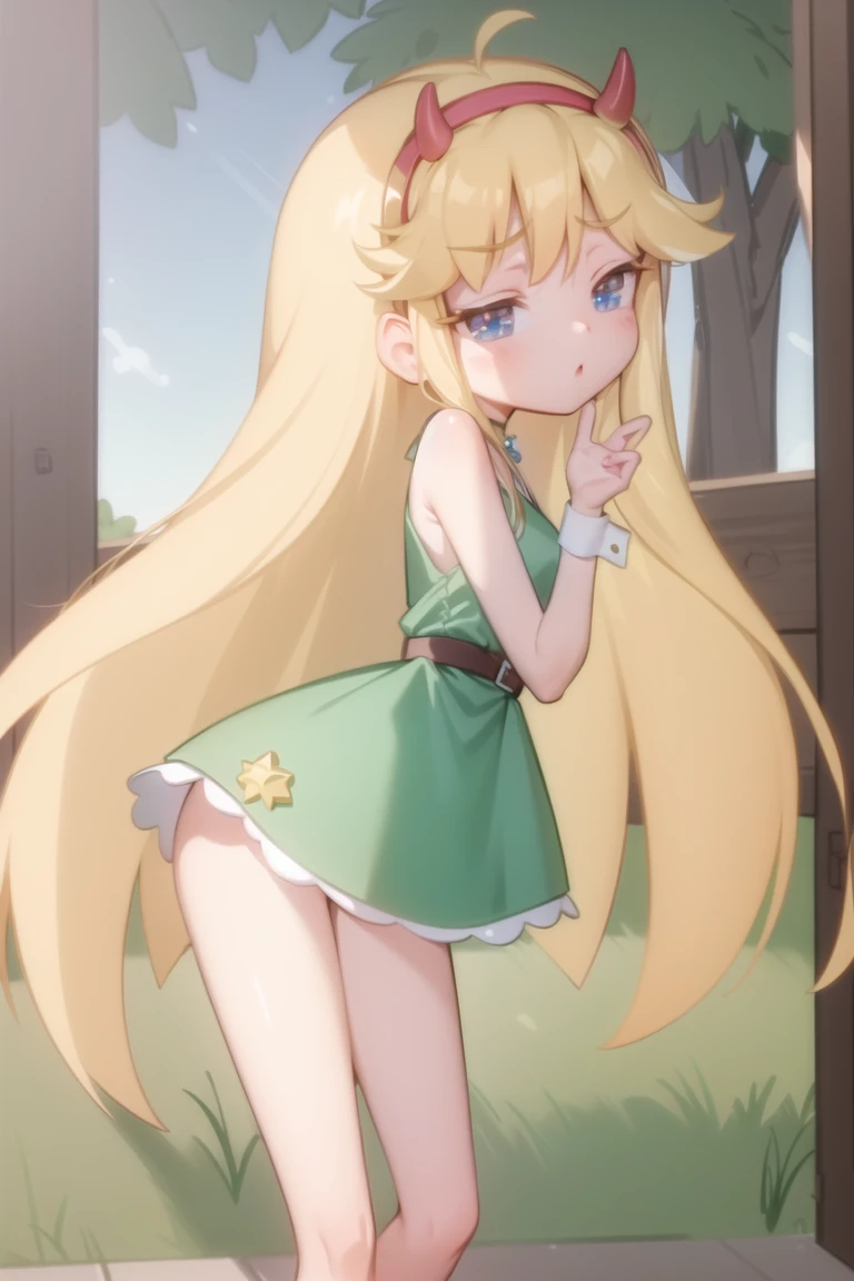 (masterpiece, best quality, high resolution:1.2), 1girl, star butterfly, blue eyes, blonde hair, long hair, expressionless, bored, half-closed eyes, green dress, belt, horn hairband, blush stickers, heart cheeks, looking at viewer, standing, upper body, contrapposto, hand on hip, outdoors, garden 