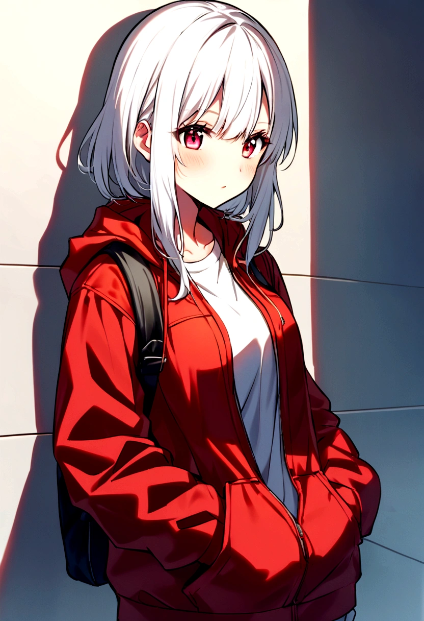 beautiful girl, wearing a red jacket, short black and white hair, hands in jacket pocket, image 2783. times 5893, distance between girl and camera 3 meters, selling anime images