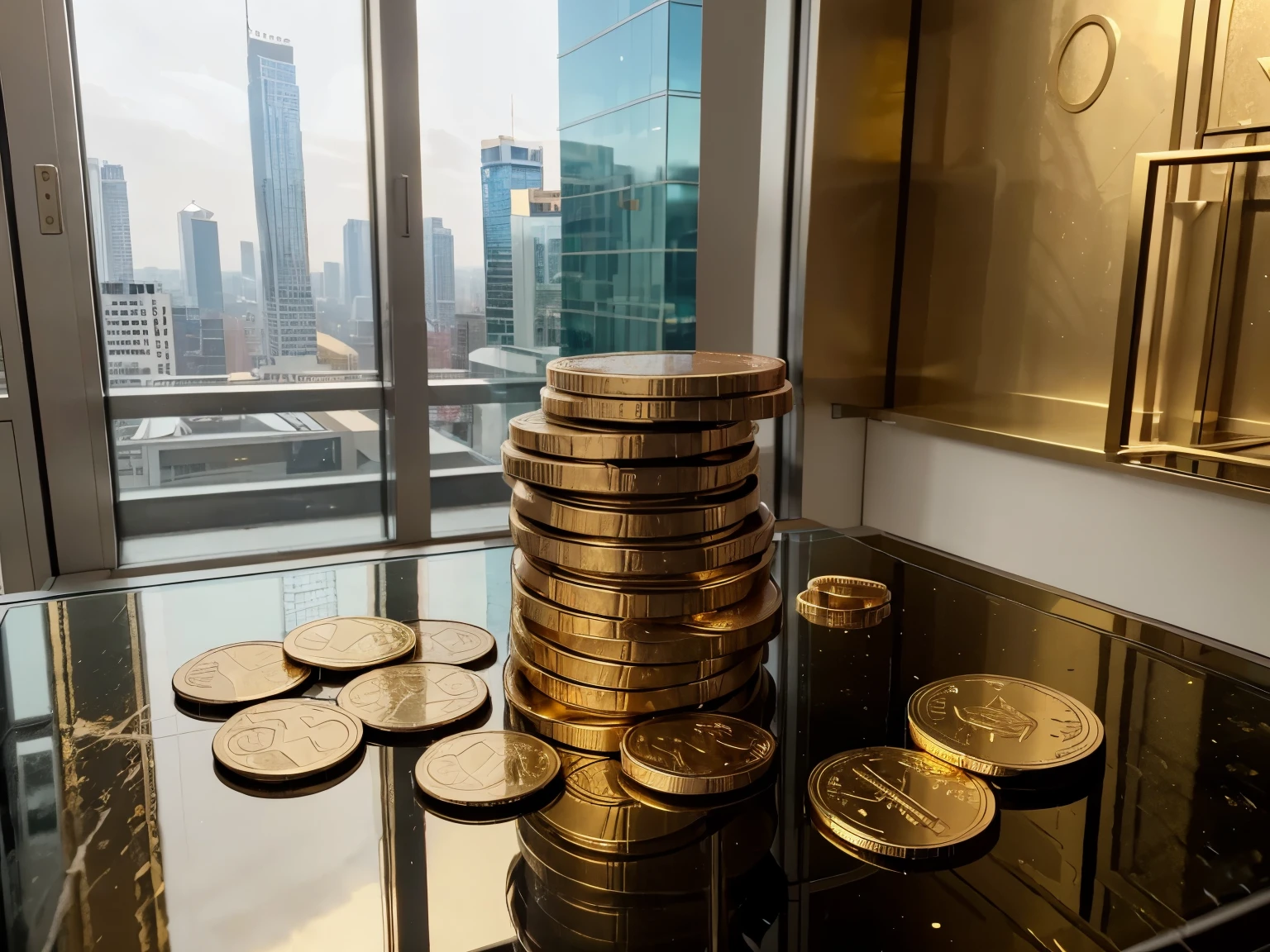 A pile of scattered gold coin and bar are on a table . In the background, a wall covered in gleaming gold and clear glass, through which skyscrapers can be seen from outside. high res, ultrasharp, 8k.