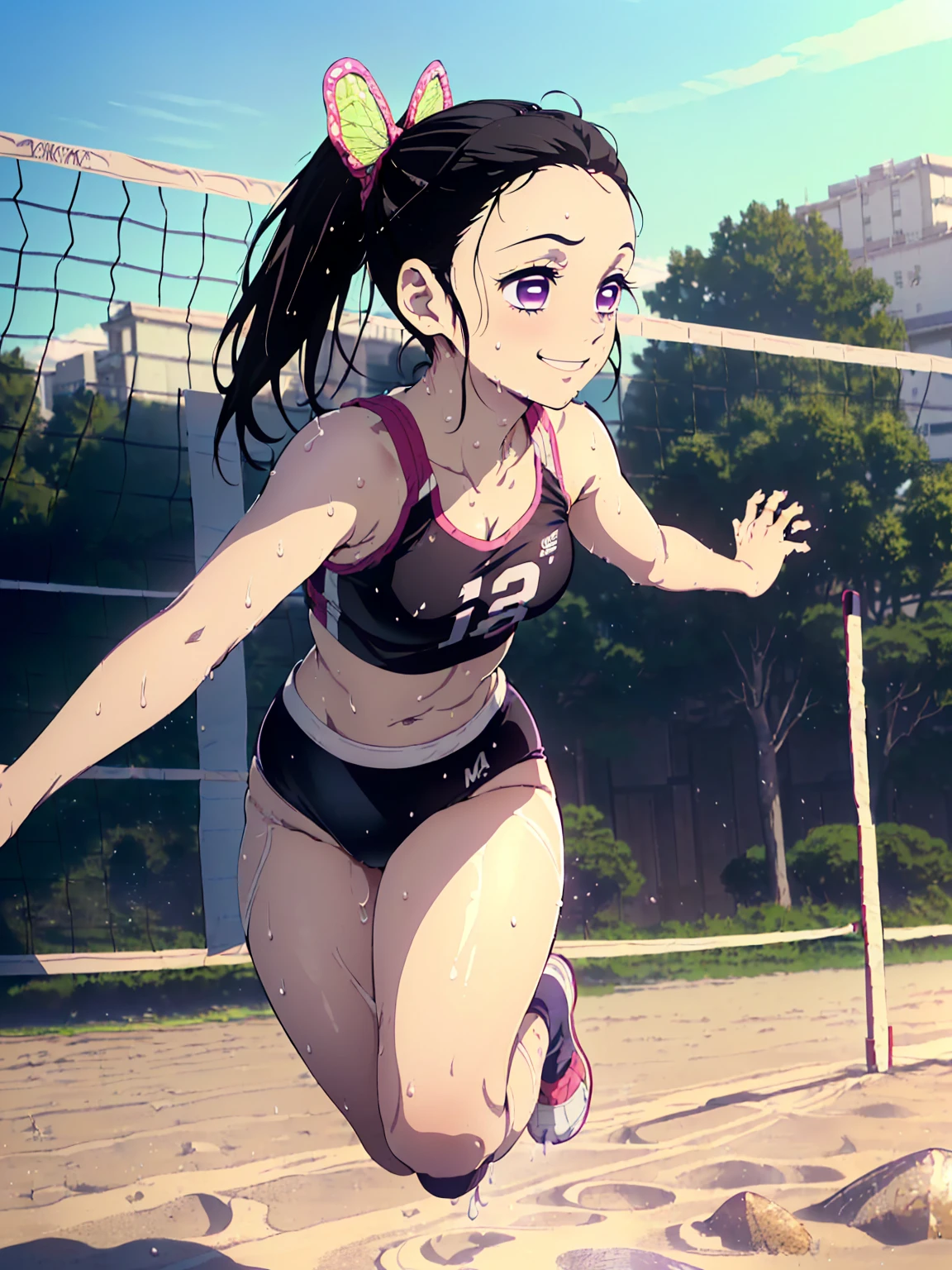 masterpiece, best quality, (lineart, anime screencap, sketch:1.1), (1girl, solo:1.3), kanao tsuyuri, (black hair, butterfly hair ornament, side ponytail, ponytail, hair swaying from the wind:1.3), (purple eyes, bright pupils, sparkling eyes:1.2), (wearing sports bra, sports underwear:1.4), (volleyball), (detailed hands, shiny skin, oily skin, wet skin, sweaty skin:1.4), (on the air, smashing a volleyball, preparing to spike a volleyball:1.3), (smile, jumping, full body shot, looking at the volleyball:1.5), light particles, (scenery, outdoors, beach, day time, volley net:1.3), bokeh, ambient lighting, vibrant colors, 200mm lens, (kimetsu no yaiba style), 