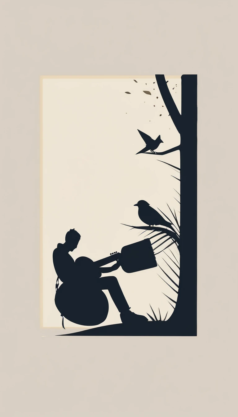 Create a modern, minimalistic logo design for a brand about music and movies called " Penamemoria". The logo must be in minimalistic style and convey a sense of storytelling. The logo is the silhouette of a boy and a bird. The boy is running with open arms, holding an acoustic guitar in the right hand and a bird feather in the left hand. Minimalistic logo design impressed on a book cover
