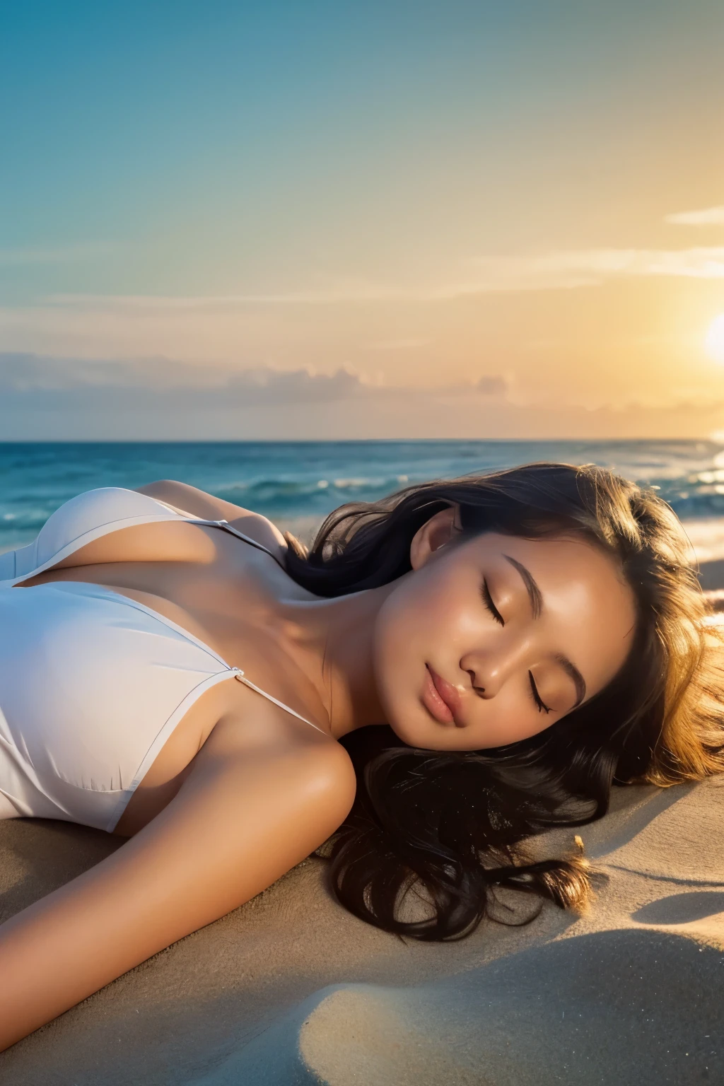 A radiant Malay woman, gracefully reclining in a state of natural beauty, with her luminous skin glowing under the warm sunlight. The image is a masterpiece of art, meticulously detailed in 8K resolution, showcasing every curve and contour of her perfect form. The background is a vibrant and lush tropical landscape, with the soft sound of waves gently lapping against the shore. The woman's eyes are closed in contentment, her hair cascading down her back in soft waves, a playful curl framing her delicate features. Despite the simplicity of the scene, the level of detail is unbelievable, with each individual strand of hair and the intricate