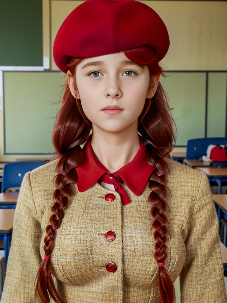 (best quality,4k,8k,highres,masterpiece:1.2),ultra-detailed,(realistic,photorealistic,photo-realistic:1.37), ((a school girl in classroom, she wears uniform and beret, shy, braided red hair)), ((slim body, very large bust size for her young age))