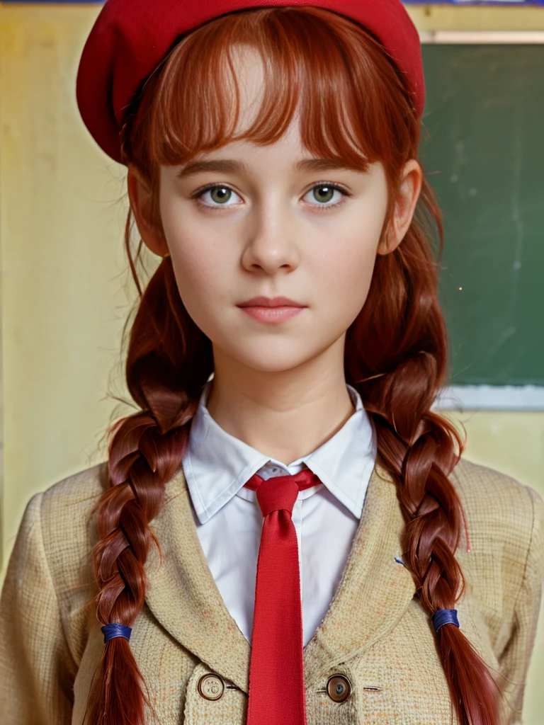 (best quality,4k,8k,highres,masterpiece:1.2),ultra-detailed,(realistic,photorealistic,photo-realistic:1.37), ((classroom, a peasant school girl, she wears dress, solo, shy)), ((very large bust size for her young age)), she wears beret, she wears no bra, braided red hair, pale skin