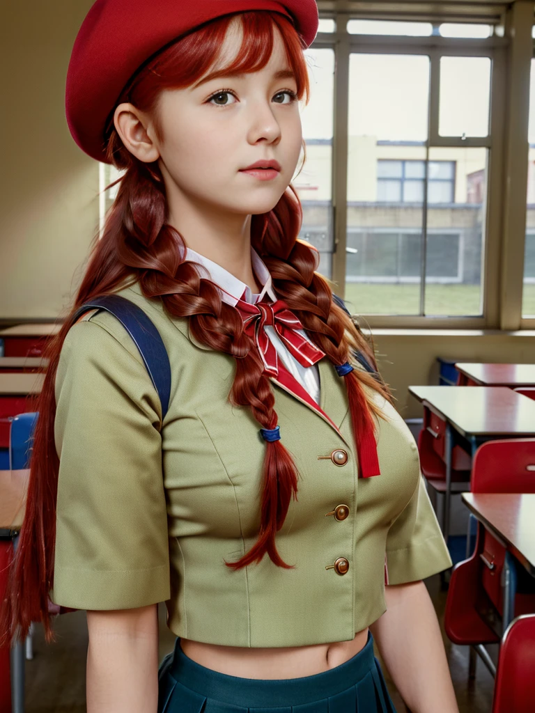 (best quality,4k,8k,highres,masterpiece:1.2),ultra-detailed,(realistic,photorealistic,photo-realistic:1.37), ((a school girl in classroom, she wears uniform and beret, shy, braided red hair)), ((slim body, very large bust size for her young age))