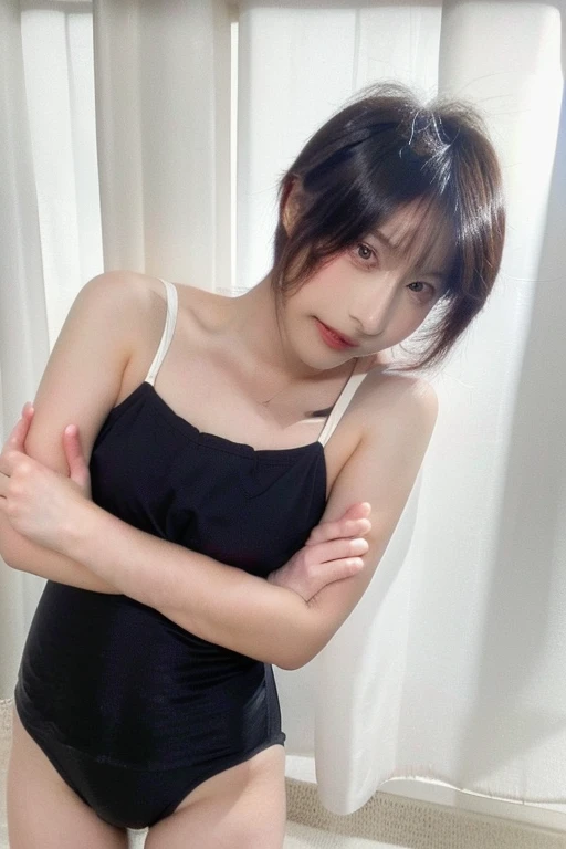 30-year-old woman, Gal Makeup、Bust is very large, Brown Hair, Small Mouth、Realistic Face、 In a school swimsuit、 Shaved pussy exposed、Full body image、Exposing breasts、High resolution、Arms crossed to emphasize the chest