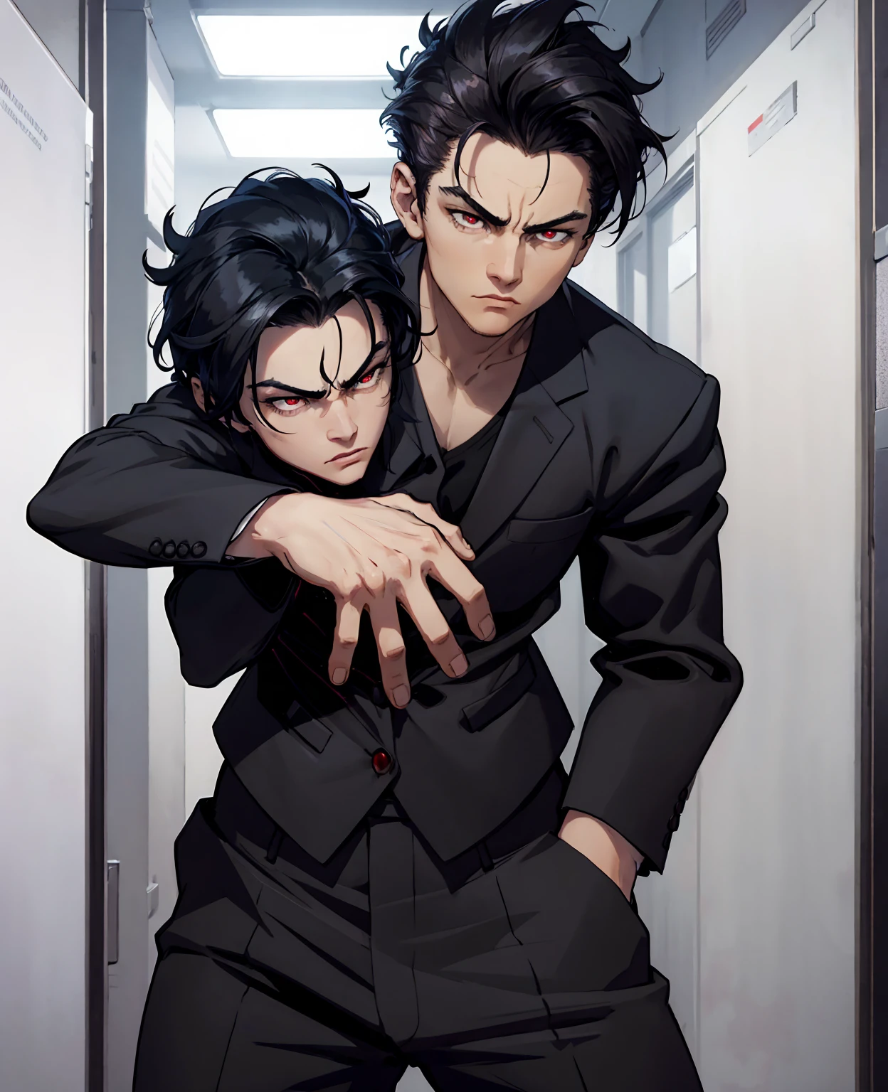 a man with black hair, red eyes, wearing a business suit, standing in an office, professional, realistic, photorealistic, hyper detailed, 8k, best quality, intricate details, cinematic lighting, dramatic shadows, dynamic pose, serious expression, detailed facial features, chiseled jawline, sharp focus, physically-based rendering, vivid colors