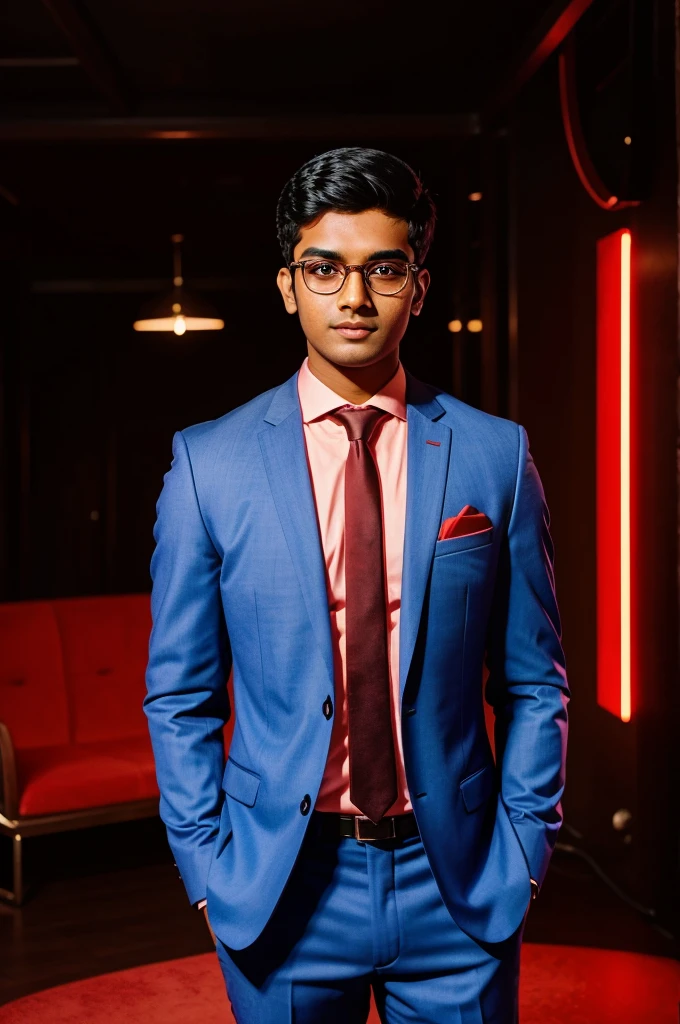 21 year old indian boy With fair skin Wearing spectacles and narrow body Posing for a linkedin picture in formals red light in background