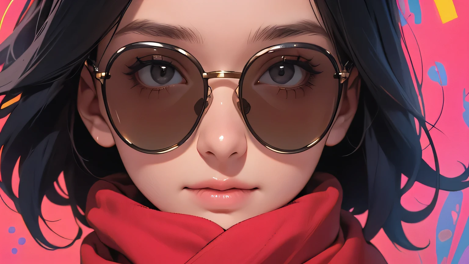 (masterpiece, best quality, 8k wallpaper, high resolution, ultra realistic), 2 women, 2 girls wearing sunglasses, 18 years old, (long hair, short hair), 8k, RAW portrait (Japanese women), masterpiece, photoreal: 1.3, realistic, ultra high resolution, best quality, real life photo, (in the evening: 1.1), ((((1 girl: 1.5))))(cute face: 1.3), perfect proportions, 80s big sunglasses, navy blue bodycon, red scarf, psychedelic background, two people posing.