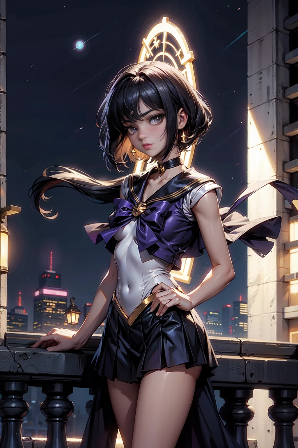 Sailor Saturn (Sailor Moon Anime), standing in a balcony at night, <lora:GoodHands-, <lora:GoodLegs-, UHD, high resolution, (expressive eyes, perfect face, full body, expressive face, perfect body, perfect pussy, athletic, fit, slim body, blushing, Perfect makeup, eyeliner, beautiful eyelashes, smiling, horny face), ((best illumination, best shadows)), ((sexy pose)), brooch, white gloves, choker, skirt, star (symbol), purple footwear, knee boots, star brooch, earrings, sailor collar, bow, cross-laced footwear, pleated skirt, brown bow, gloves, elbow gloves, purple skirt, jewelry, boots, back bow, lace-up boots, magical girl, star choker, purple sailor collar, purple eyes, black hair, short hair, EPsmSailorSaturn, sailor_saturn, sailor senshi uniform, tiara, sailor saturn