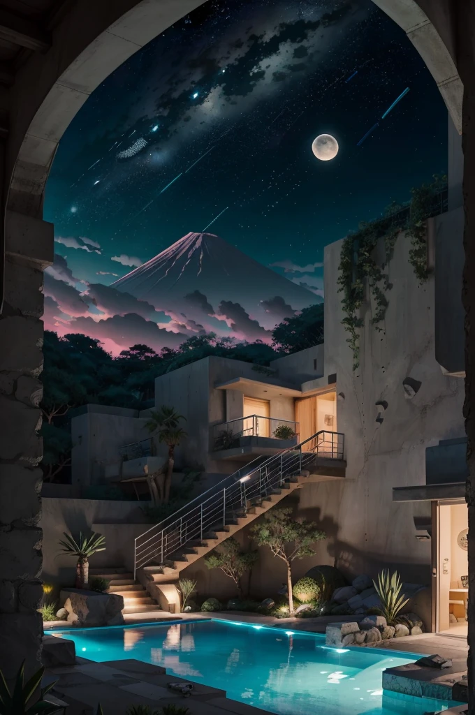 anime (best-quality:0.8), (best-quality:0.8), perfect anime illustration, we've been trying to reach you about your cars extended warranty, An illustration in collage style, with giant boulders, brutalist building sections, terraces, stairs, cacti, agave, concrete texture, multiple geometric shapes, hatch and cross hatching, planet saturn, volcano, moon, Luis Barragán's architectural style build, milky way galaxy, violet, one motorcycle, An illustration in collage style, with giant boulders, brutalist building sections, stairs, cacti, agave, concrete texture, multiple geometric shapes, hatch and cross hatching, planet saturn, volcano, moon, Luis Barragán's architectural style build, reflective pool, terraces. An elegant and modern build, in top of big boulders, with terraces, materials concrete, wood, steel and crystal, various gardens with tropical vegetation, cacti and rocks, stairs, a pool. In middle of sea, a big wave near, sunset, mountains and a volcano in the horizont, cute islands around, illustration format, cute color palette, detailed, masterpiece, award-winning work A 1999 Nissan GTR in Tron form r34 horizonte Lamborghini under a pink and purple sky, an anime drawing by Makoto Shinkai, trending on pixiv, magical realism, beautiful anime scene, cosmic skies. by makoto shinkai, ( ( makoto shinkai ) ), by makoto shinkai, anime background art, style of makoto shinkai