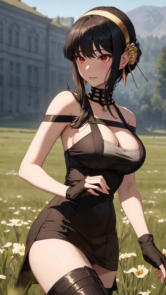 masterpiece, best quality, highres, aayorf, sidelocks, gold hairband, hair ornament, red eyes, gold earring, large breasts, choker, bare shoulders, black dress, two-sided dress, fingerless gloves, thigh boots, cowboy shot, standing, field, from side,