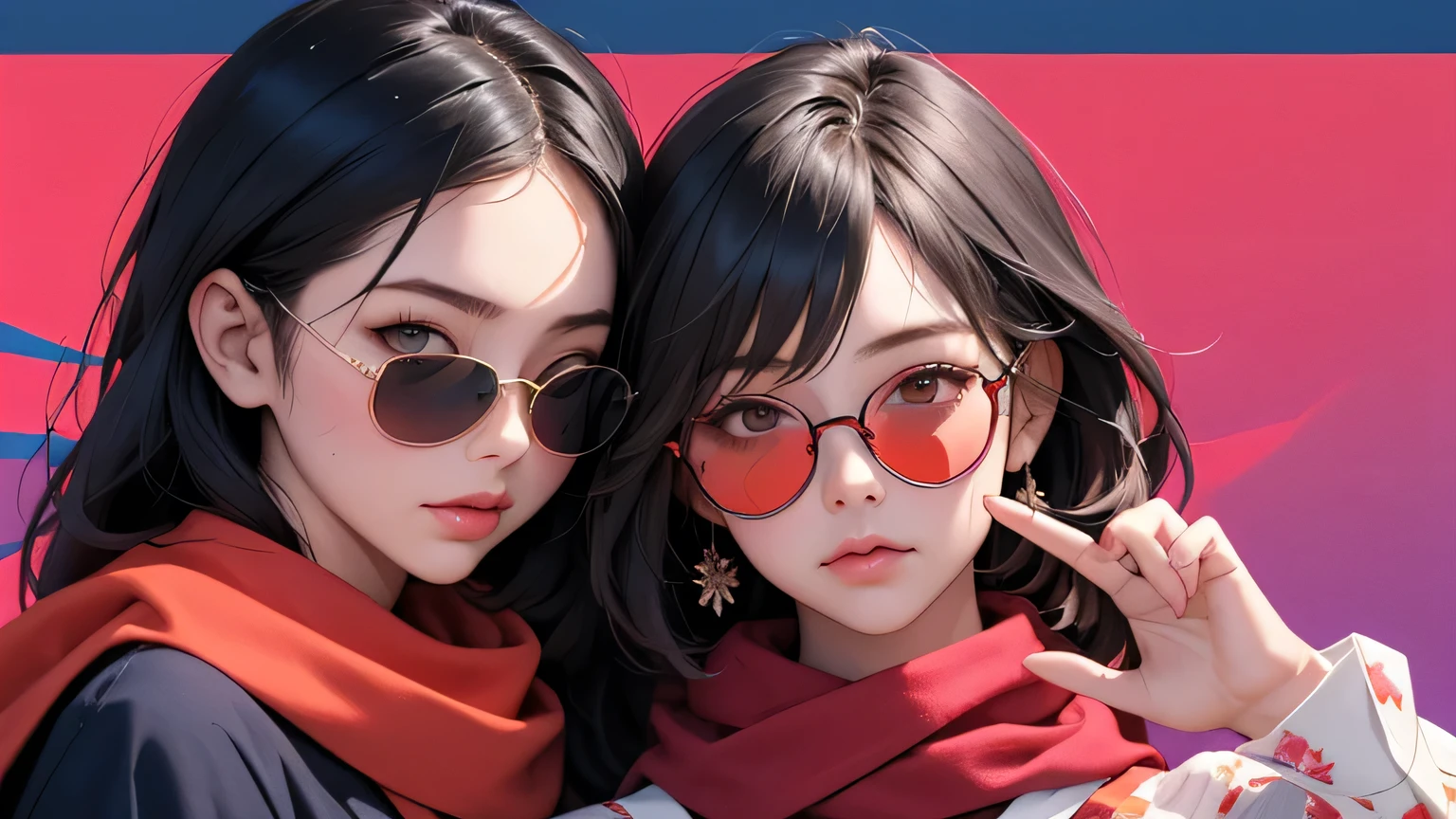 (masterpiece, best quality, 8k wallpaper, high resolution, ultra realistic), 2 women, 2 girls wearing sunglasses, 18 years old, (long hair, short hair), 8k, RAW portrait (Japanese women), masterpiece, photoreal: 1.3, realistic, ultra high resolution, best quality, real life photo, (in the evening: 1.1), ((((1 girl: 1.5))))(cute face: 1.3), perfect proportions, 80s big sunglasses, navy blue bodycon, red scarf, psychedelic background, two people posing.