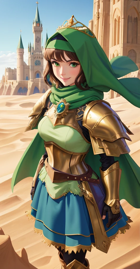 masterpiece, best quality:1.2), 1girl, smile, looking at viewer, green eyes, short brown hair, princess, armor, blue hijab headscarf, pauldrons, armored dress, green cloak cape, wearing puffy blue ballgown skirt, golden tiara with green gem, armored boots, fingerless gloves, standing in front of desert castle