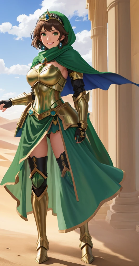 masterpiece, best quality:1.2), 1girl, smile, looking at viewer, green eyes, short brown hair, princess, armor, blue hijab headscarf, pauldrons, armored dress, green cloak cape, wearing puffy blue ballgown skirt, golden tiara with green gem, armored boots, fingerless gloves, standing in front of desert castle