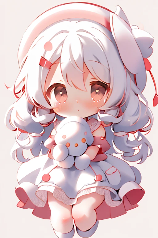 Girl Chibi, , Medium pastel red white, Luxury Fabric, Dithering, Widespread,Viewer Lucky Blue White,In a cellar color dress、、There are no protrusions on the head、There are no protrusions on the head、hat,high quality、high resolution、Ultra delicate、Cute big eyes beautiful cute
