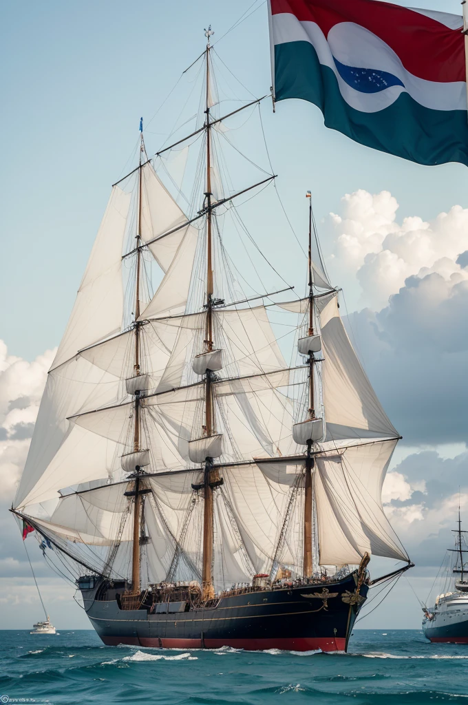 Portrait of a frigate raising the flag of Brazil and a frigate raising the flag of Portugal 