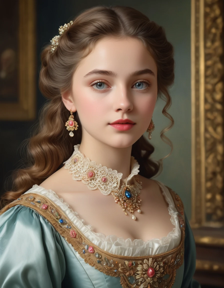 (best quality,4k,8k,highres,masterpiece:1.2),ultra-detailed,(realistic,photorealistic,photo-realistic:1.37),portrait,painting,pastels,personalized masterpiece,18th century,Russian,aristocratic,girl,noble daughter,,extremely beautiful,face,expressive eyes,delicate nose,luscious lips,porcelain skin,rosy cheeks,flowing curls,silky dress,stately posture,fine jewelry,embroidered lace collar,grand background,opulent interior,faint golden light