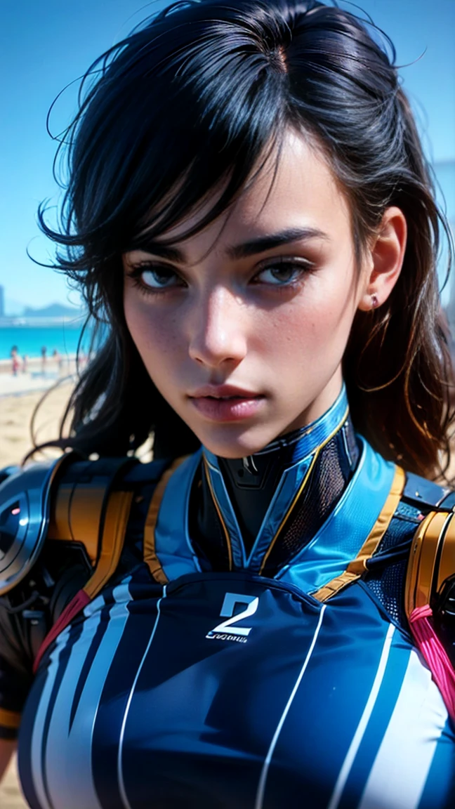 top quality, future world, State-of-the-art robot, Beautiful Woman behind the net, flying hair, Transformed into a cyborg except for the face, sexy images, whole body photo, ((Beach Volleyball, volleyball, sand))