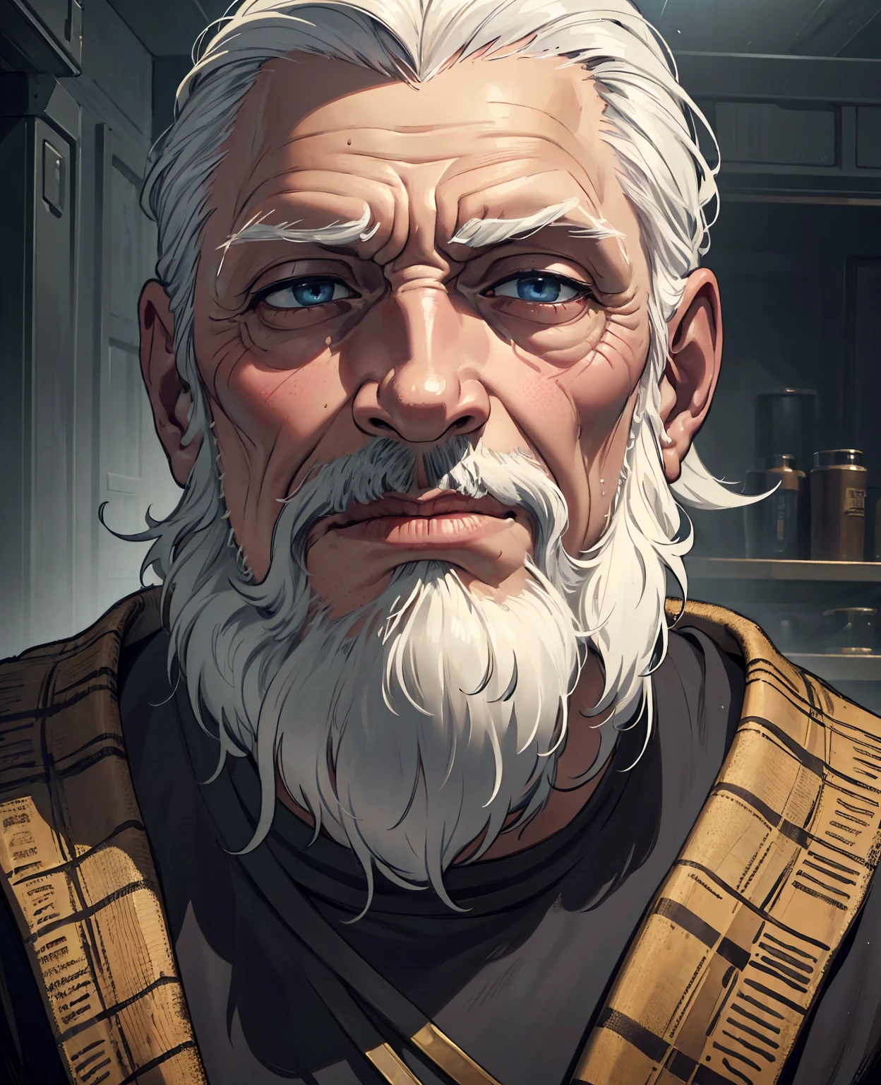 elder,old man,detailed portrait of an old man with wrinkled face,wise elderly man,white hair and beard,penetrating eyes,weathered skin,serious expression,intricate facial details,cinematic lighting,Dramatic Chiaroscuro,oil painting,renaissance style,muted colors,chiaroscuro lighting,masterpiece,(best quality,8K,highres,masterpiece:1.2),ultra-detailed,(realistic,photorealistic,photo-realistic:1.37),vibrant colors,cinematic composition,moody atmosphere