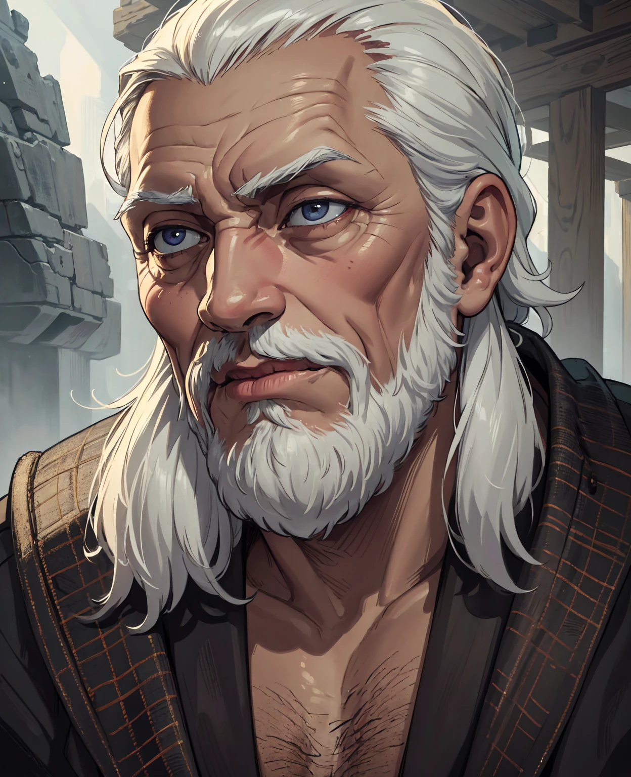 elder,old man,detailed portrait of an old man with wrinkled face,wise elderly man,white hair and beard,penetrating eyes,weathered skin,serious expression,intricate facial details,cinematic lighting,Dramatic Chiaroscuro,oil painting,renaissance style,muted colors,chiaroscuro lighting,masterpiece,(best quality,8K,highres,masterpiece:1.2),ultra-detailed,(realistic,photorealistic,photo-realistic:1.37),vibrant colors,cinematic composition,moody atmosphere