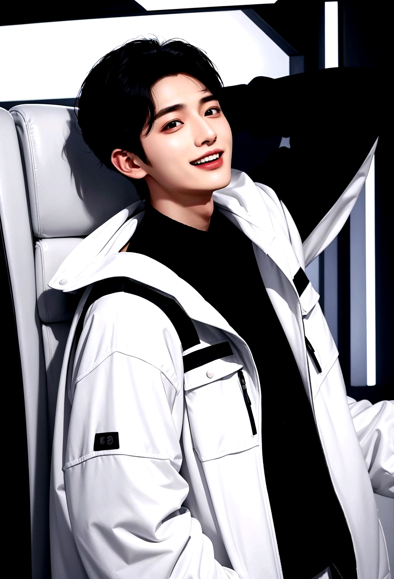Man laughing with his mouth open, Arabic style image of a man wearing a white jacket and black knitted sweater in the style of space tech wear, Profile shot, Cai Xukun, Model is wearing a technical vest, Won Bin Lee, Official product photos, xqc, Official product images, Official photo, Official photo, cyber future jacket, Official store photos, Official Art, Shin Jinyoung, Inspired by Zhang Han