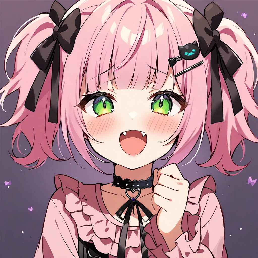 Top quality, masterpiece, chibi character, peal purple and blunt bangs hair, twin braids, green eyes, mouth wide open and screaming, blushing, smilng,fangs,(a girl with closs hair pin,
pink shirt,cosplay, jirai kei, bangs, black skirt, black bow, looking at viewer, bow, long sleeves, choker, ribbon,portrait  shot :1.4),