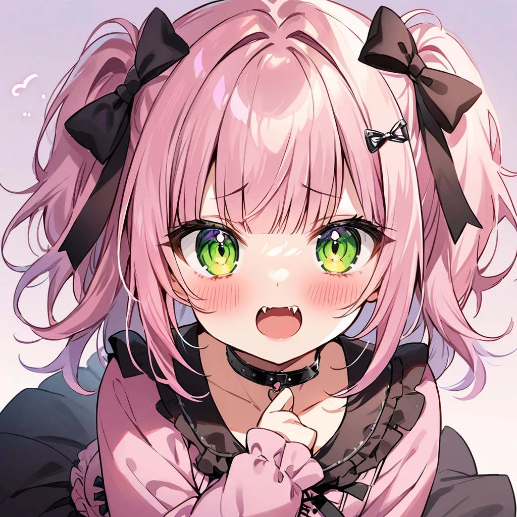 Top quality, masterpiece, chibi character, peal purple and blunt bangs hair, twin braids, green eyes, mouth wide open and screaming, blushing, smilng,fangs,(a girl with closs hair pin,
pink shirt,cosplay, jirai kei, bangs, black skirt, black bow, looking at viewer, bow, long sleeves, choker, ribbon,portrait shot :1.4),