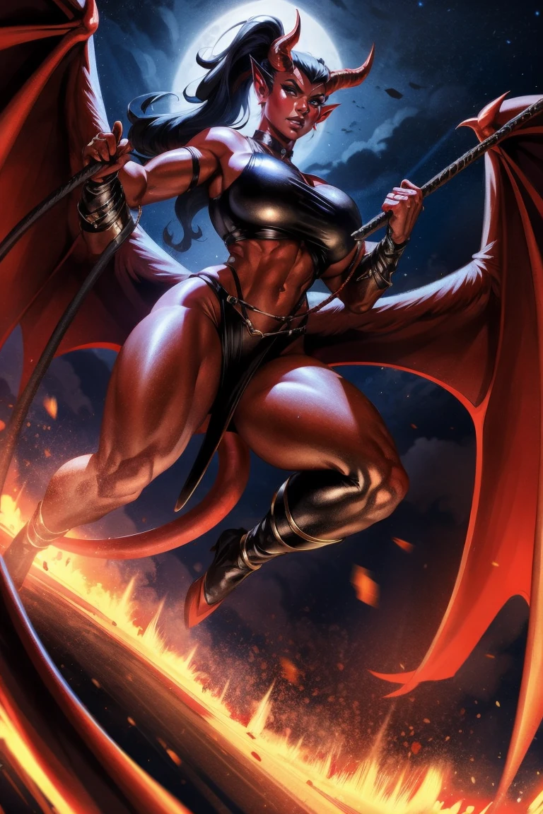Red skin succubus tiefling, medium breasts, big thighs, black horns, wings, huge tail, black leather, crop top, long flowing pelvic curtain, tall, athletic, graceful, thin, long black ponytail. Action scene, whip. Dark scene, explosions, night sky.