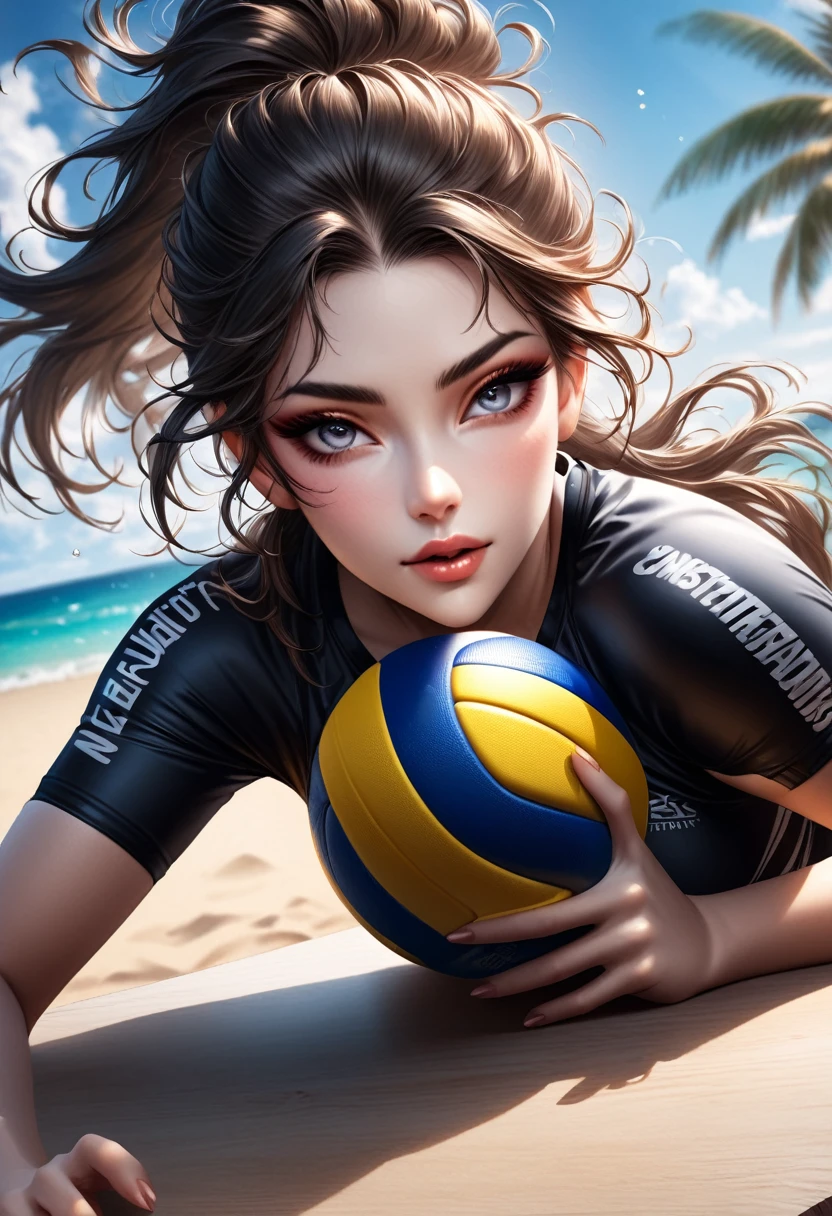 (best quality, On the table),Ultra-fine photography,1 Girl, Female beach volleyball player, Play volleyball on the beach,Detailed beautiful face,beautiful eyes,Fine hair,Detailed clothes,Detailed and realistic skin,Cool,Dynamic Angle,