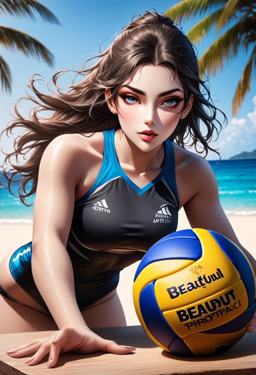 (best quality, On the table),Ultra-fine photography,1 Girl, Female beach volleyball player, Play volleyball on the beach,Detailed beautiful face,beautiful eyes,Fine hair,Detailed clothes,Detailed and realistic skin,Cool,Dynamic Angle,