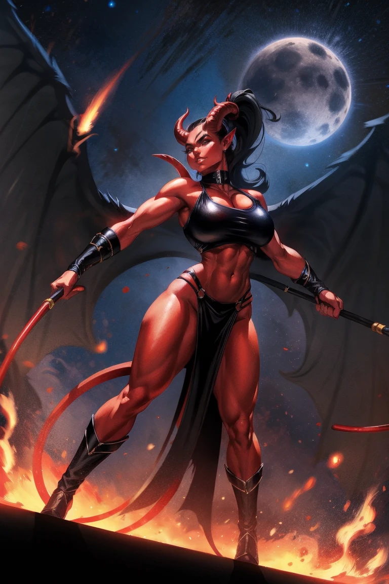 Red skin succubus tiefling, medium breasts, big meaty hips, black horns, wings, huge tail, black leather, crop top, long flowing pelvic curtain, tall, athletic, graceful, thin, long black ponytail. Action scene, whip. Dark scene, explosions, night sky.