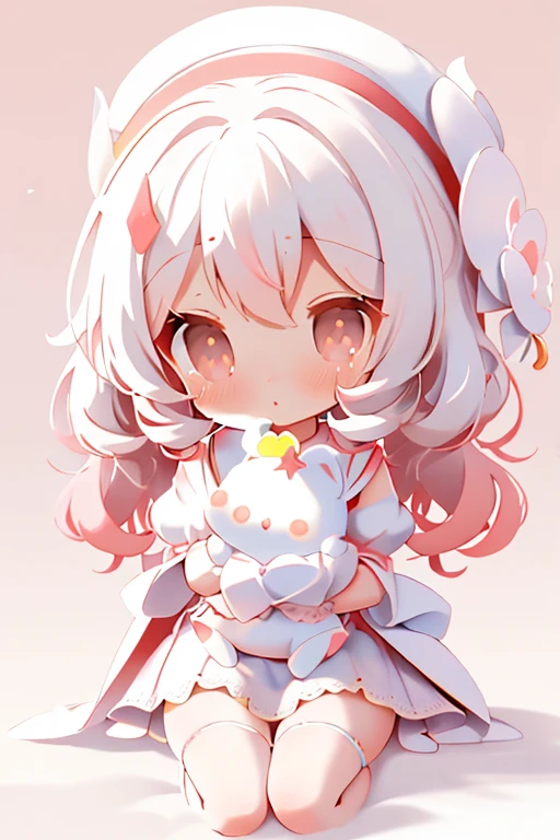 Girl Chibi, , Medium pastel red white, Luxury Fabric, Dithering, Widespread,Viewer Lucky Blue White,In a cellar color dress、、There are no protrusions on the head、There are no protrusions on the head、hat,high quality、high resolution、Ultra delicate、Cute big eyes beautiful cute