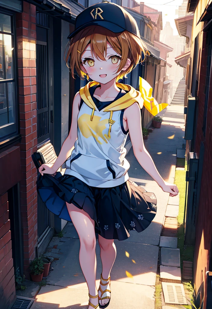 Rin Hoshizora (Yellow Eyes:1.5), Hair between the eyes, Brown Hair,Short Hair,blush,happy smile, smile, Open your mouth,Baseball hats,Sleeveless hoodie,Bare arms,Long skirt,Cute Sandals,Daytime,Clear skies,Walking,whole bodyがイラストに入るように, 　　　　　　　　　　　break looking at viewer, whole body 　　　　　　　　break outdoors, Building district, 　　　　　　　　　　　break (masterpiece:1.2), Highest quality, High resolution, unity 8k wallpaper, (figure:0.8), (Beautiful attention to detail:1.6), Highly detailed face, Perfect lighting, Highly detailed CG, (Perfect hands, Perfect Anatomy),