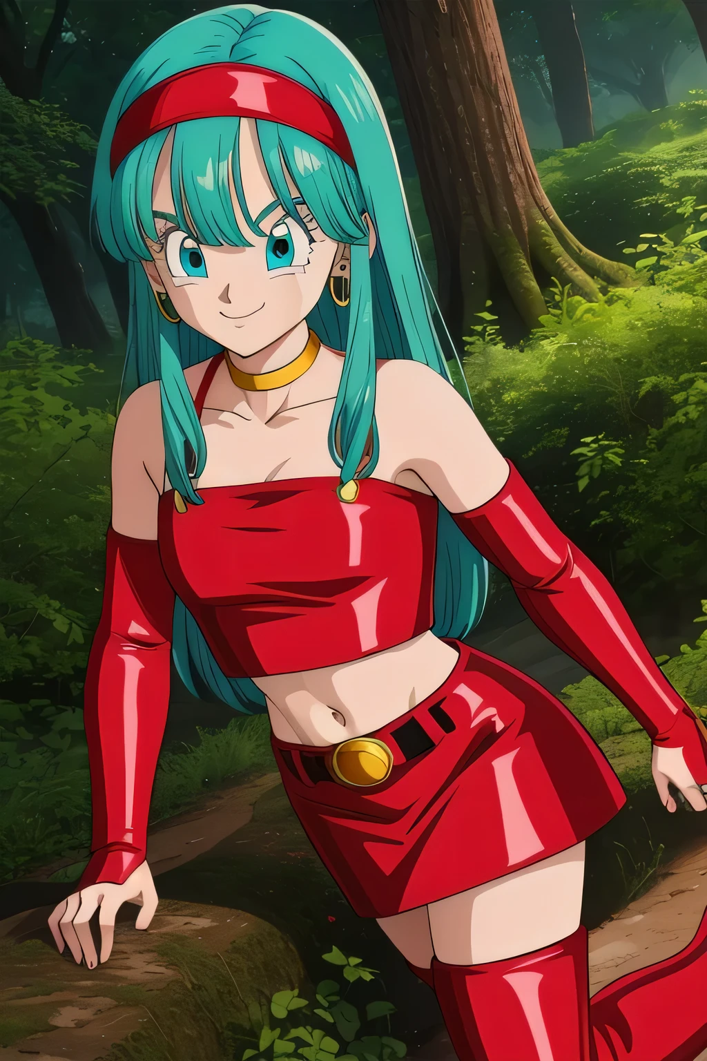 dbgtbra,1girl,solo,aqua hair,straight hair,long hair,aqua eyes,red hairband, smile,closed mouth,cowboy shot, red thighhighs,bare shoulders,collarbone,red boots,midriff,shiny,red belt,zettai ryouiki,red crop top,red skirt,thigh boots,red footwear,red tube top,neck ring,yellow choker,red miniskirt,bridal gauntlets,red gauntlets,tube top,leather, forest,outdoor, (insanely detailed, beautiful detailed face, masterpiece, best quality) cinematic lighting,