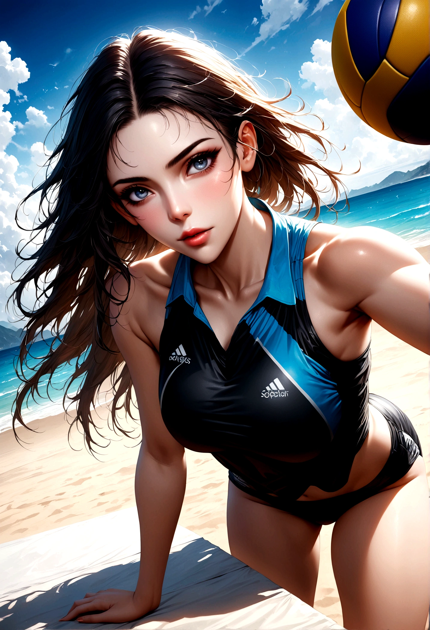 (best quality, On the table),Ultra-fine photography,1 Girl, Female beach volleyball player, Play volleyball on the beach,Detailed beautiful face,beautiful eyes,Fine hair,Detailed clothes,Detailed and realistic skin,Cool,Dynamic Angle,