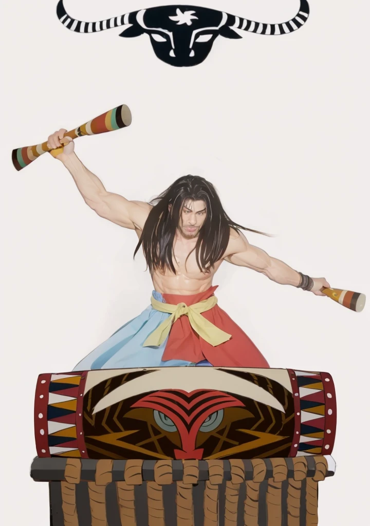 A Wa man playing drums,Wheat skin color,long hair,Strong muscles,Miyazaki style