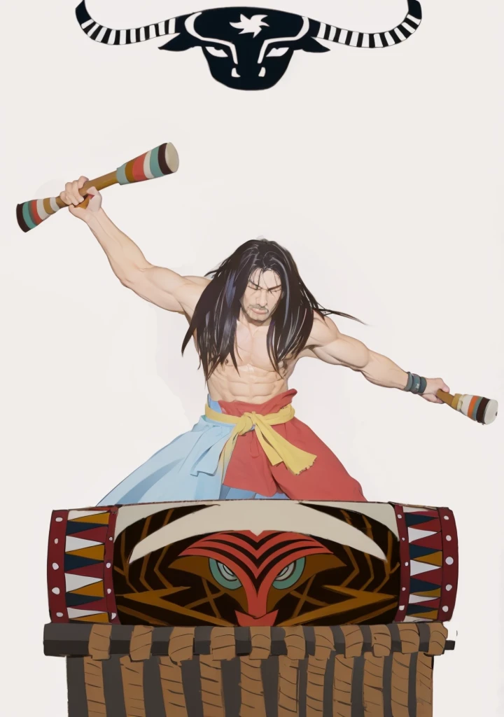 A Wa man playing drums,Wheat skin color,long hair,Strong muscles,Miyazaki style