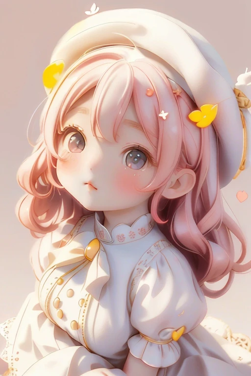 Girl Chibi, , Medium pastel red white, Luxury Fabric, Dithering, Widespread,Viewer Lucky Yellow White,In a cellar color dress、、There are no protrusions on the head、There are no protrusions on the head、hat,high quality、high resolution、Ultra delicate、Cute big eyes beautiful cute