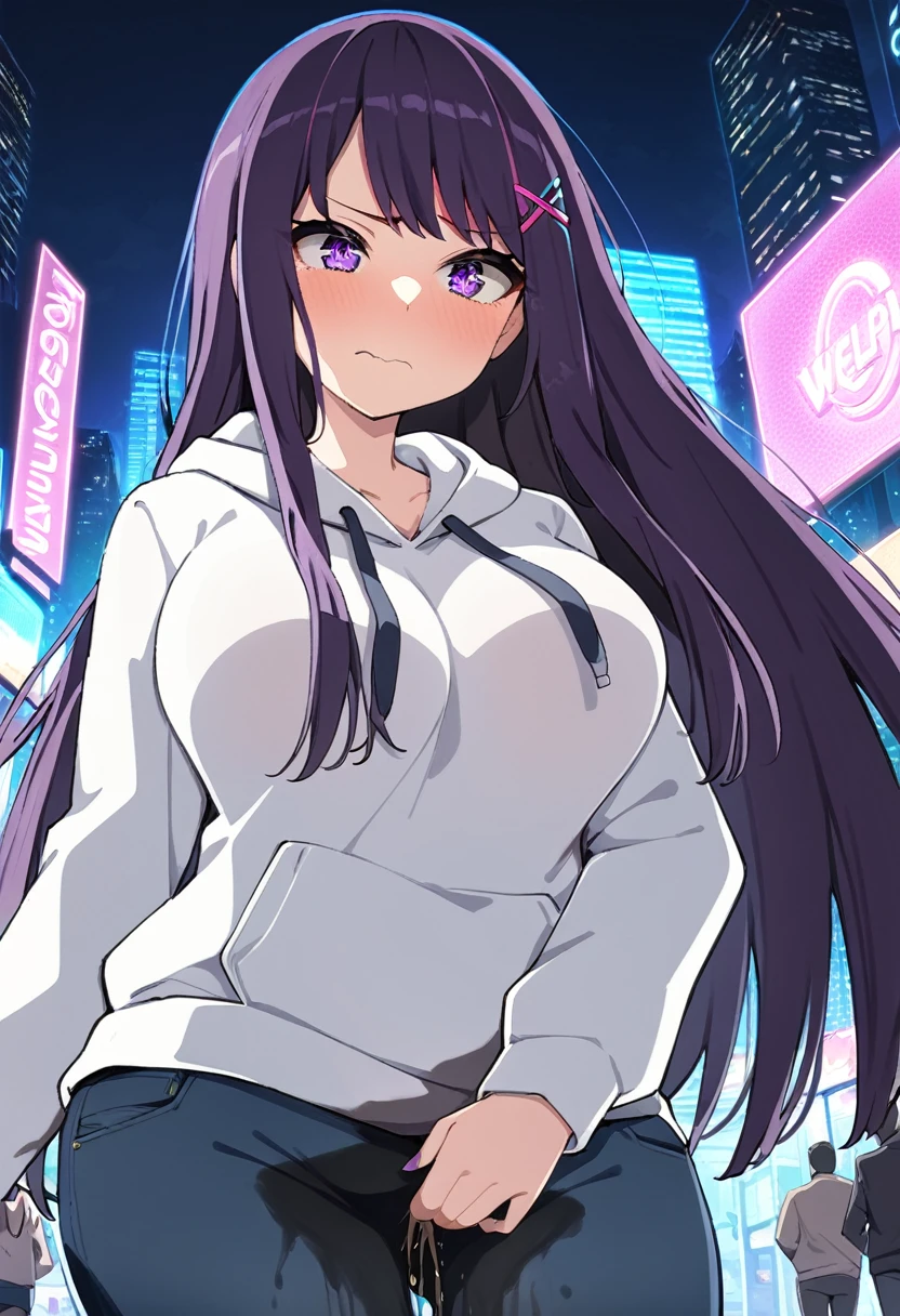 (masterpiece:1.37), best quality, (extremely detailed:1.37), (1girl:1.5), woman, (mature:1.5), (adult:1.5), large breasts, very long hair, (straight hair:1.5), (very dark purple hair:1.5), purple eyes, (extremely detailed eyes:1.37), hoodie, jeans, desperation, (wetting self:1.5), standing, embarrassed, humiliation, blushing, angry, city, futuristic, neon lighting, high-tech, street, skyscraper, (cowboy shot:1.5)