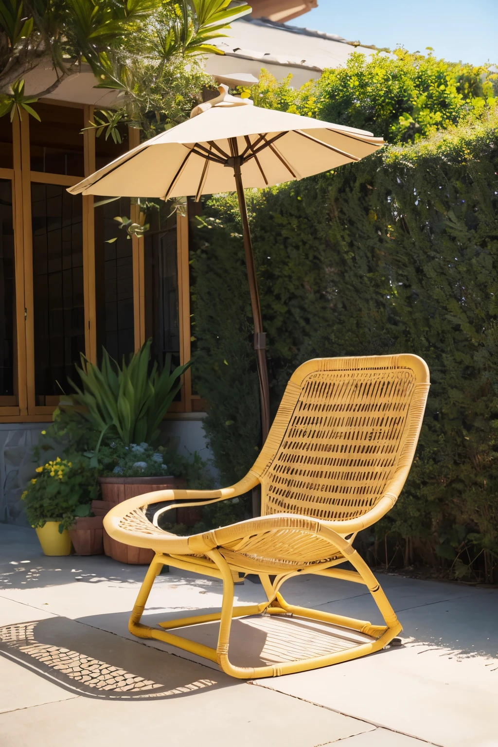 A rattan chair,modern、concise、Light yellow primary color、Smooth lines、Beautiful shape