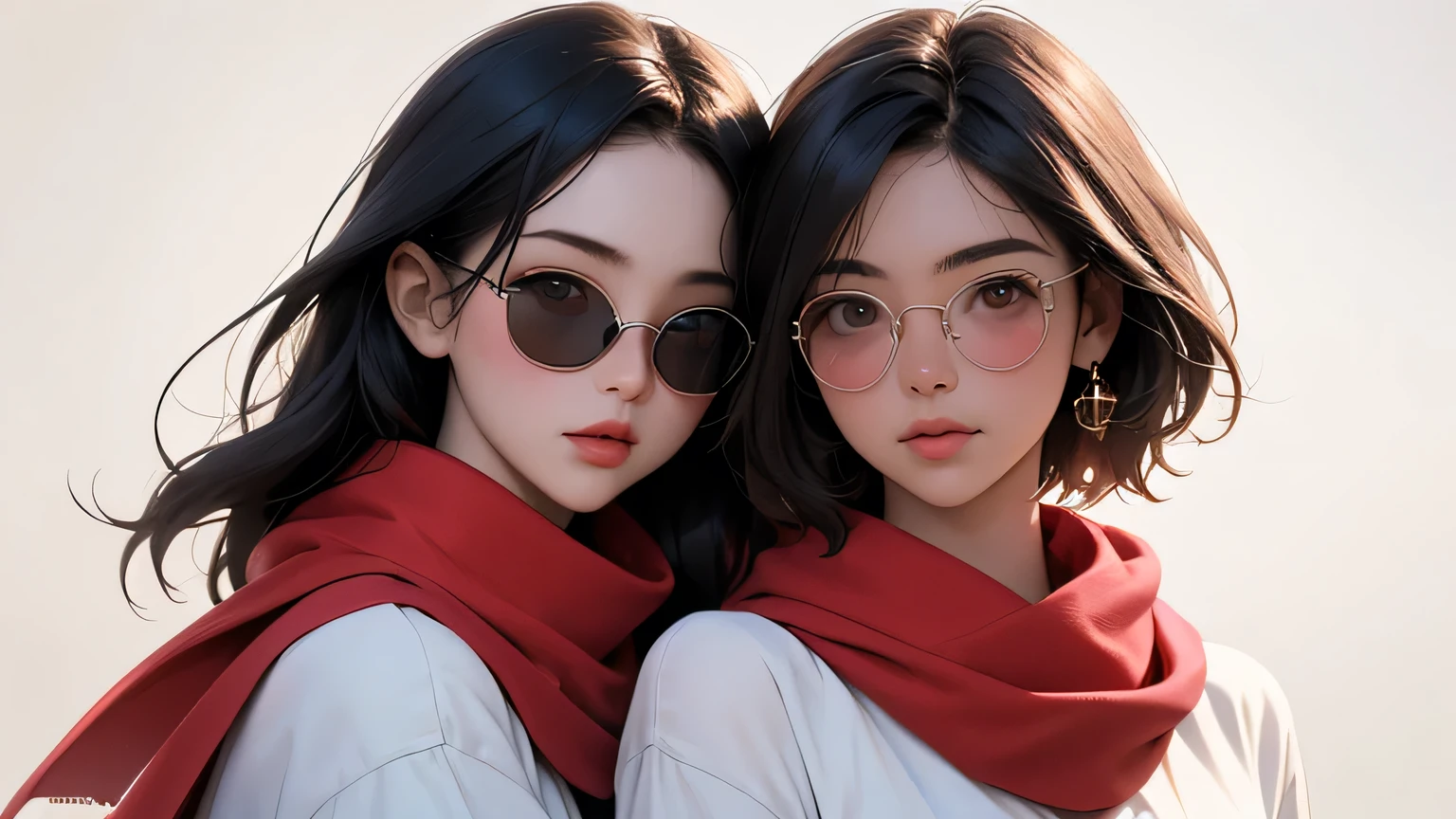 (masterpiece, best quality, 8k wallpaper, high resolution, ultra realistic), 2 women, 2 girls wearing sunglasses, 18 years old, (long hair, short hair), 8k, RAW portrait (Japanese women), masterpiece, photoreal: 1.3, realistic, ultra high resolution, best quality, real life photo, (in the evening: 1.1), ((((1 girl: 1.5))))(cute face: 1.3), perfect proportions, 80s big sunglasses, navy blue bodycon, red scarf, light colored background, two people posing.