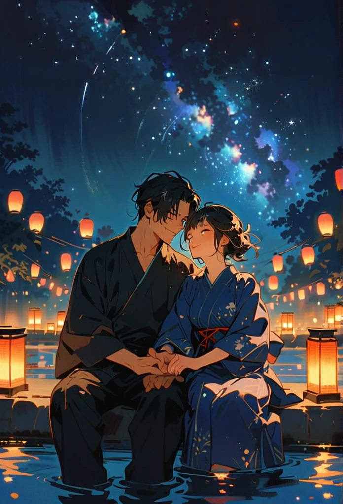 A couple in yukata smiling at each other, sitting by the river on their way back from a fireworks festival. The woman is wearing a blue yukata and the man is wearing a black yukata. They are holding hands and leaning towards each other, looking up at the starry night sky with the Milky Way beautifully visible. In the background, there is a flowing river, bamboo forest, and softly glowing lanterns