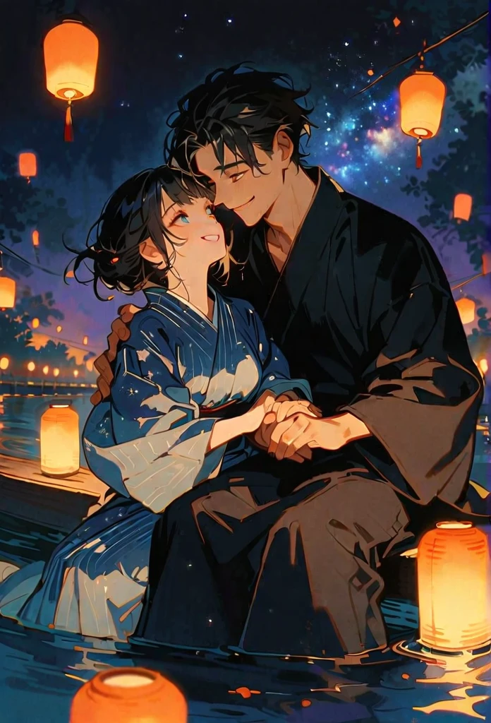A couple in yukata smiling at each other, sitting by the river on their way back from a fireworks festival. The woman is wearing a blue yukata and the man is wearing a black yukata. They are holding hands and leaning towards each other, looking up at the starry night sky with the Milky Way beautifully visible. In the background, there is a flowing river, bamboo forest, and softly glowing lanterns