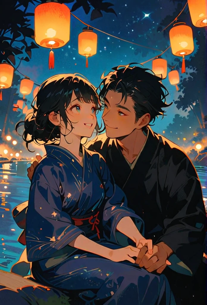 A couple in yukata smiling at each other, sitting by the river on their way back from a fireworks festival. The woman is wearing a blue yukata and the man is wearing a black yukata. They are holding hands and leaning towards each other, looking up at the starry night sky with the Milky Way beautifully visible. In the background, there is a flowing river, bamboo forest, and softly glowing lanterns