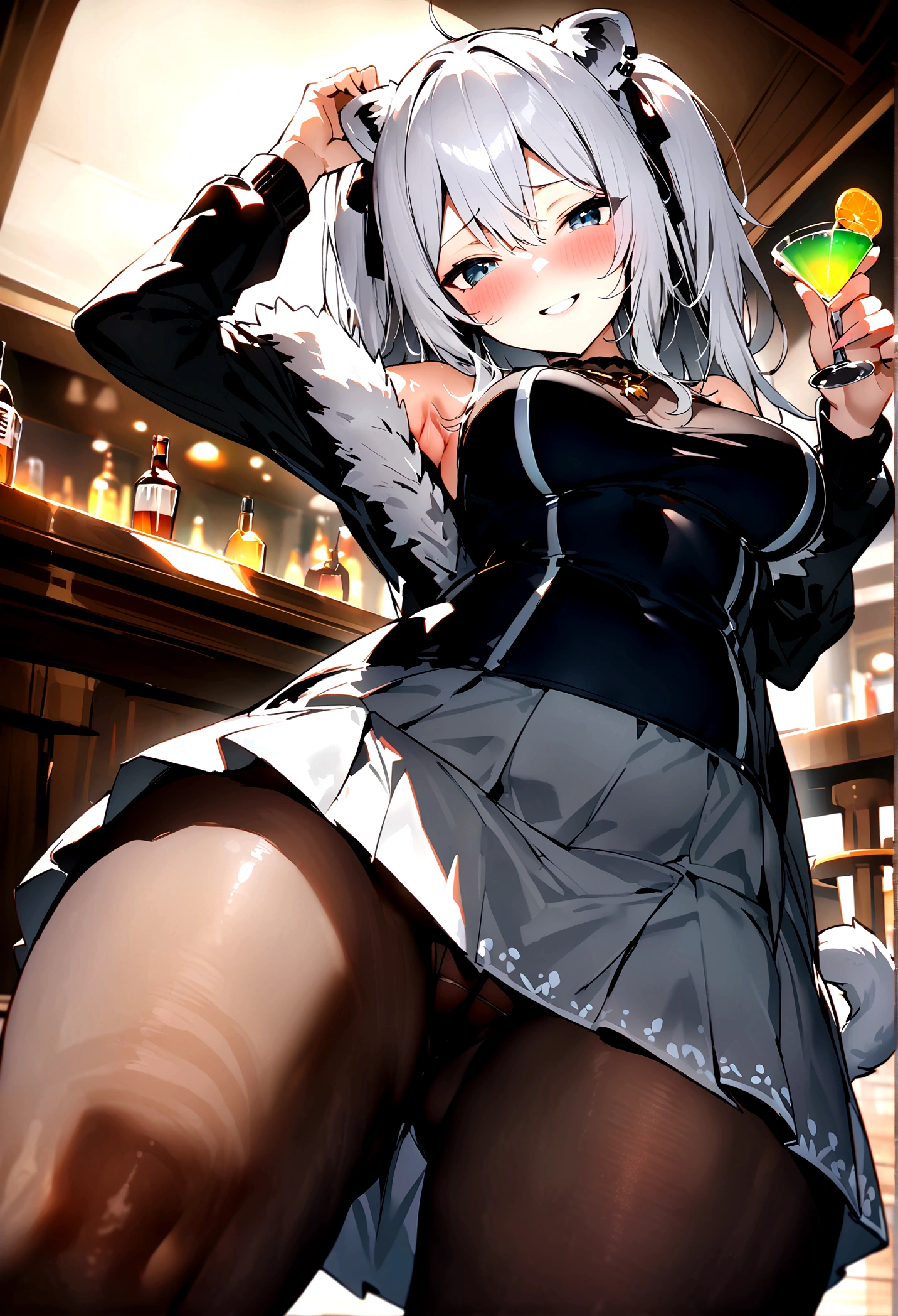 NSFW,masterpiece,Highest quality,High resolution,Super detailed,Shishirabotan\(Hololive\),Long Hair、Two Side Up、Earrings、Lion&#39;s Tail,necklace、Black Shirt、Sleeveless shirt、abdomen、See-through、Grey Skirt、片足pantyhose、pantyhose、fur-trimmed jacket、Black jacket、Off the shoulder,(Bewitching Smile),blush,Luxurious Room,pub,counter,chair,Cocktail Glass,(Drunk),(Intoxication),Sitting in a chair,heart,Sexy pose,Panty shot,From below